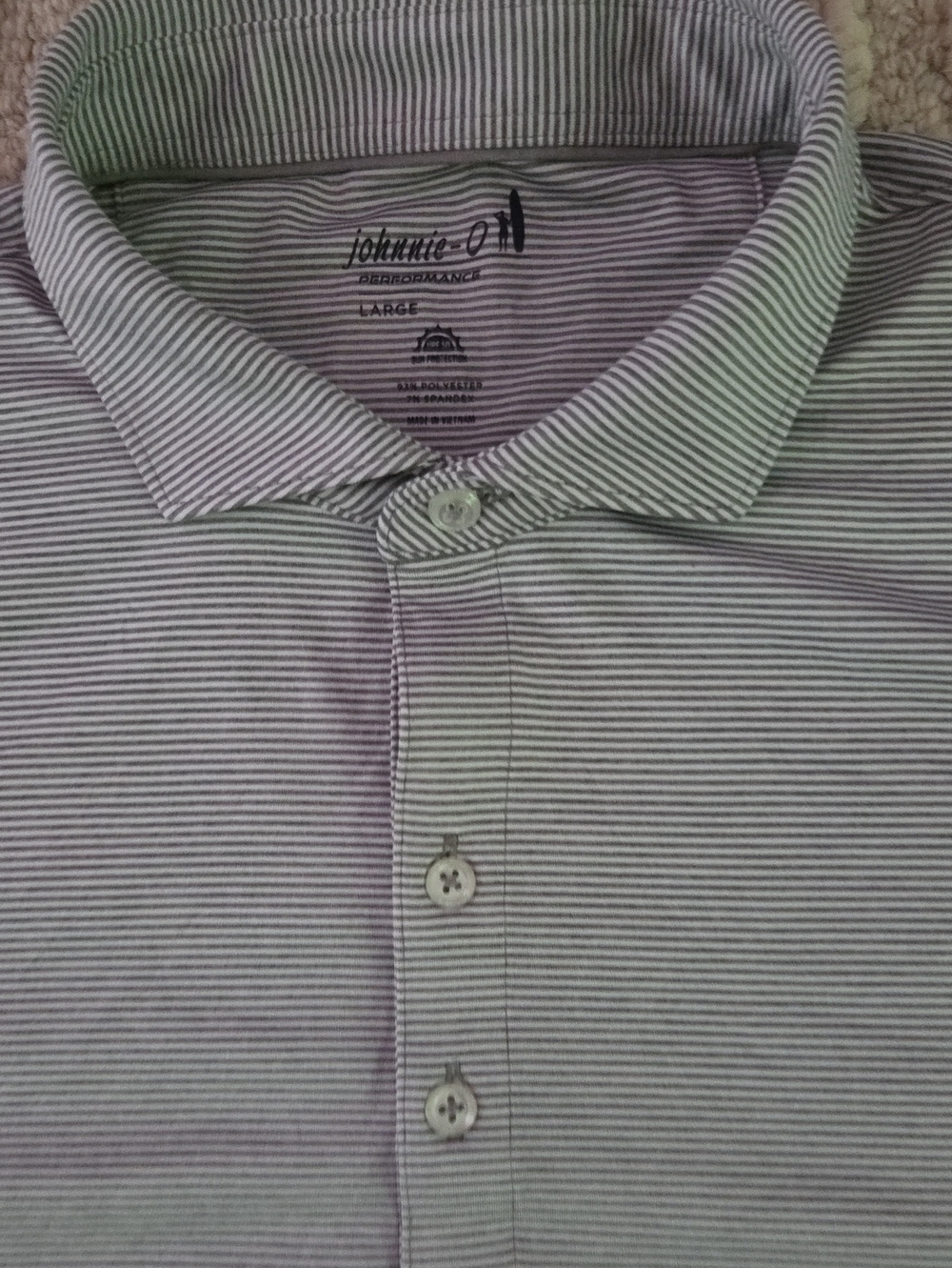 johnnie-O PREP-FORMANCE Golf Polo Shirt Men's Large Gray White Micro Stripe